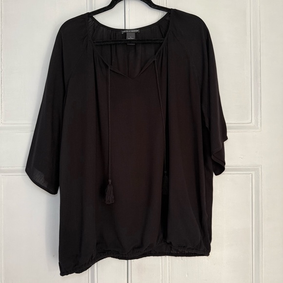 Chelsea & Theodore Tops - Chelsea & Theodore Black Tassel Tie Rayon Blouse - Large